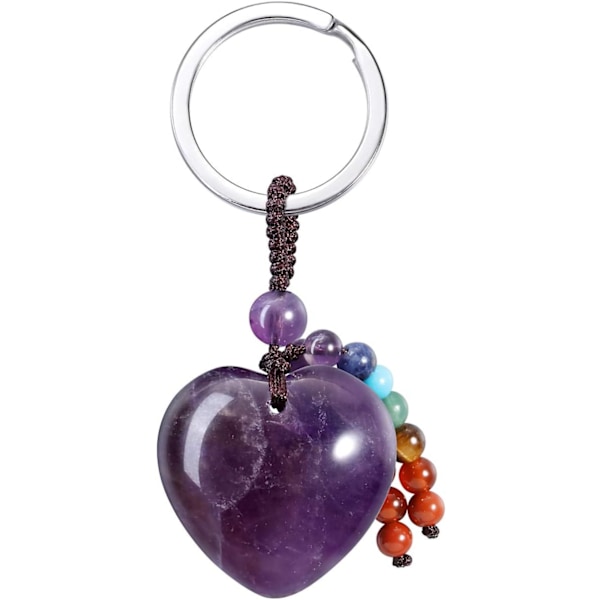 Naturlig Ametyst Hjerte Krystall Nøkkelring 7 Chakra Healing Edelsten Nøkkelring Anheng for Kvinner