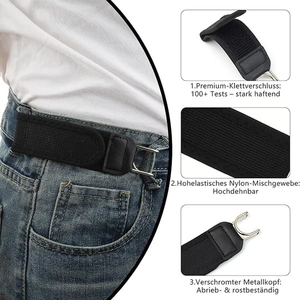 Unisex spenneløst elastisk midjebelte, usynlig midjebelte, elastisk erstatningsbelte med kroker black