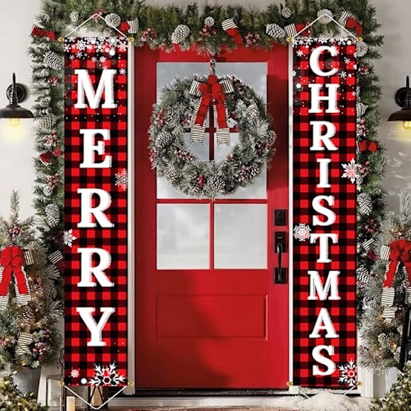 Juldekorationer för Utomhusgård Framträdande Veranda Skyltset, Röd Svart Buffelrutig Dörrbanderoll, Hängande God Jul Dekorationer för Hem, Inomhus Buffalo Plaid Xmas Door Banner