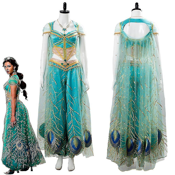 Aladdin Cosplay Prinsesse Cosplay Jasmine Naomi Scott Grøn Blå Kjole Kostume Voksen Kvinder Kvinde Halloween Karneval S