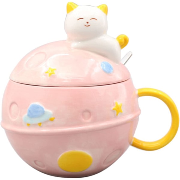 Prinsessmugg med lock 3D-mugg Keramisk kaffekopp Kid Tecknad Mjölkmugg Tekopp Presentkontor Hem (kattutrymme, rosa, 450 ml)