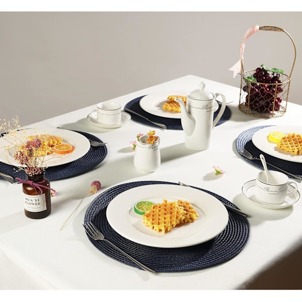 Runda Bordstabletter Set om 6, 38 cm Diameter, Vävda Värmebeständiga Tvättbara Bordstabletter för Hemmakök, Matbord, Utomhus, Fest, Marinblå