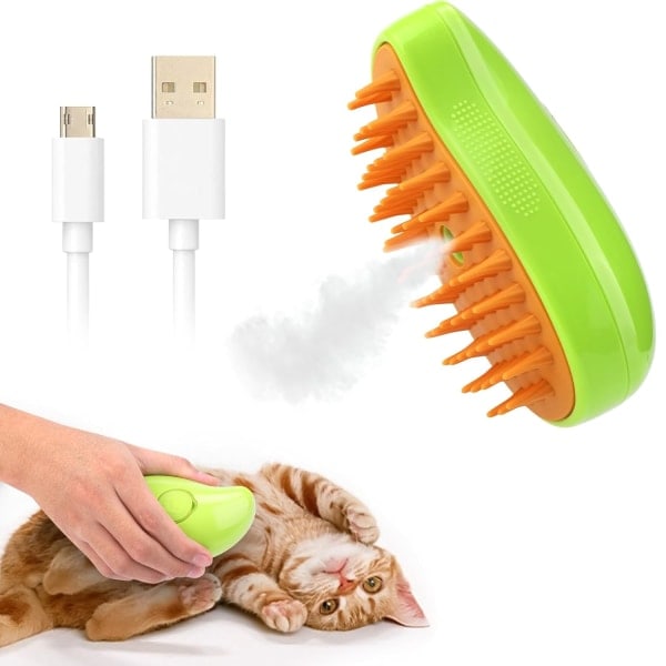 Cat Steam Brush - 3-in-1 Self-Cleaning Massage Brush - Rechargeable Silicone Pet Hair Removal Brush (Green)