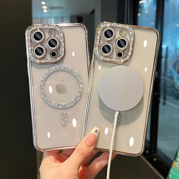 Magsafe Magnetisk Lyx Plätering Bling Strass Diamant Glittrande Stöttåligt Skal För Iphone 15 Pro Max 15 Ultra Silver