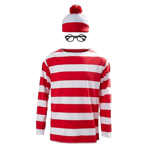 Wheres Waldo Now Röda och vita ränder Dräkt Vuxna män T-shirt Tröja+hatt+glasögon till jul Halloween fest kostym Long Sleeve S