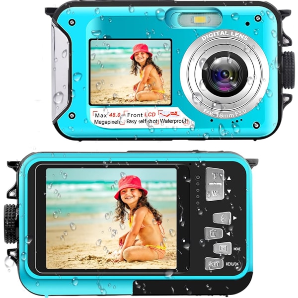 Vattentät kamera Undervattenskameror för snorkling Full HD 2,7K 48MP Videoinspelare Selfie Dubbla skärmar 10FT 16X Digital Zoom Vattentät digitalkamera