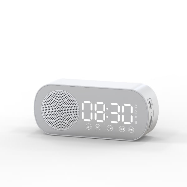 Multifunktionell Smart FM-radio Bluetooth högtalare Väckarklocka Spegelklocka (Vit)