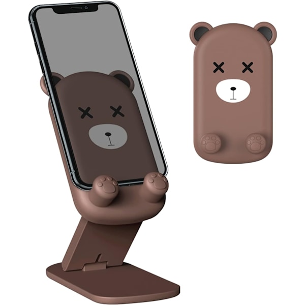 Dubbelt Vikbart Mobiltelefonställ Justerbart Mobiltelefonhållare för Skrivbord Silikonskydd Kompatibelt med iPhone 15 14 13 12 11 Pro Max Brown Bear