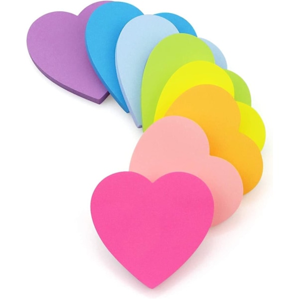 Hjerteformede sticky notes, 8 farver, lyse farverige sticky notes, 75 ark/blok, selvklæbende notesblok
