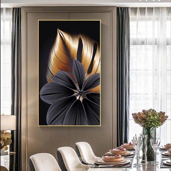 Lyxaffisch Canvas - Väggbilder/Gyllene svarta löv Ramlösa mönstrade set om 3 (15*20 cm)