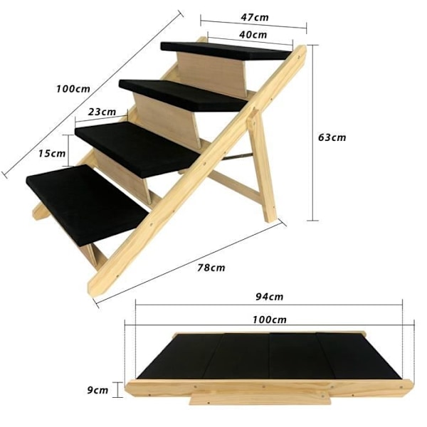 LZQ 2 i 1 Foldbar Hunderampe Træ Kæledyr Trappe, Højdejusterbar Skridsikker Overflade til Sofa Seng