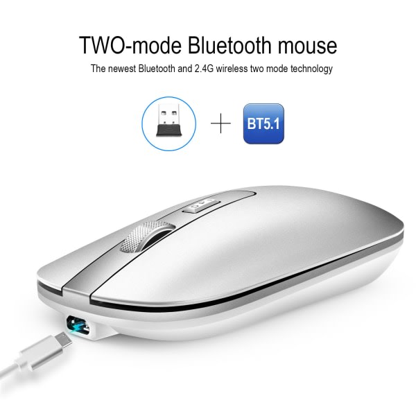 Bluetooth 5.1 Uppladdningsbar trådlös mus, Metal Wheel Mute 2.4G Mus Uppladdningsbar (silver)