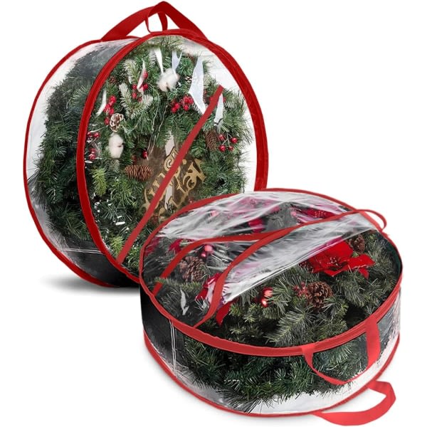(24 tum, röd) 2-pack 24 tums genomskinliga julkransförvaringspåsar, genomskinlig PVC vattentät krans S