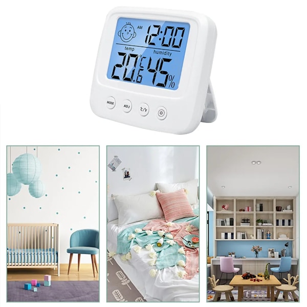 Digital hygrometertermometer med inbyggd klocka, luftfuktighet, temperatur, 5 sekunders snabb uppdatering, bakgrundsbelysning och ℃/℉ funktion