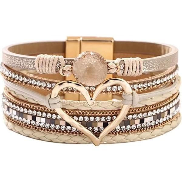 Hjärta Läderarmband för Kvinnor, Böhmiskt Handgjort Flätat Flerlagers Magnetspänne Armband, Födelsedagspresent