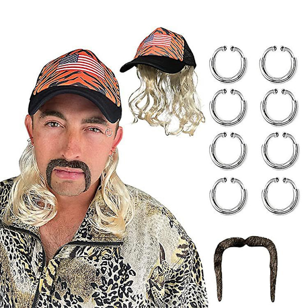 Tiger King Costume Set Gold Wig With Hat, Clip Earrings And Mustache