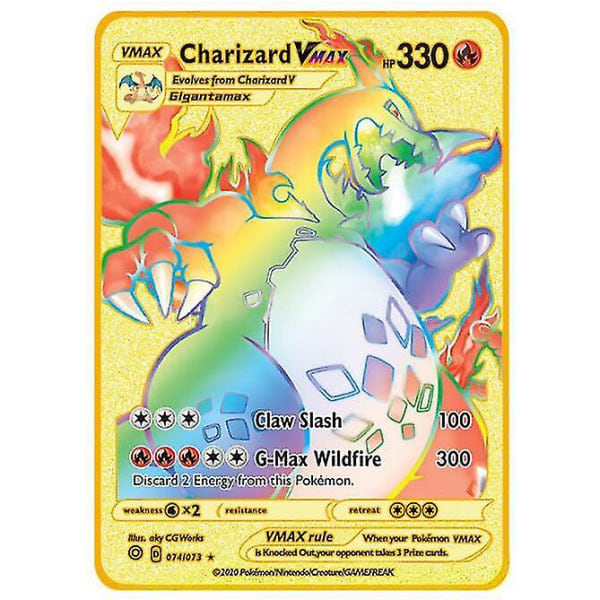 Charizard Vmax -metallikortti kullattuna kullalla, Charizard Vmax Dx Gx -metallikortti kullattuna keltaisella Charizard Vmax