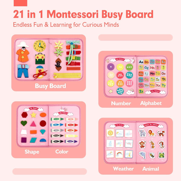 Montessori-leker for 2 år gammel jente - bursdagsgave - førskolelæring med livsferdigheter, ABC, 123, farger, dyr, vær, reiseleker for småbarn