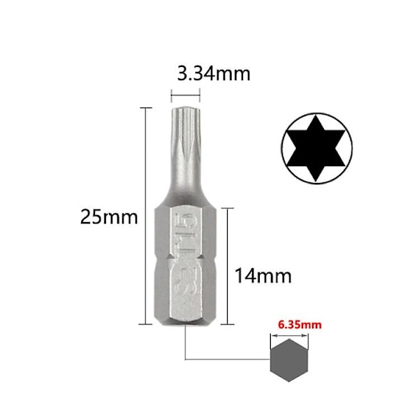 10 stk. elektrisk skruetrækker med korte bits og stærke magnetiske skruetrækkerbits - Torx uden huller T15