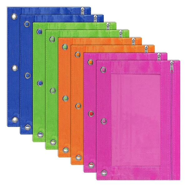 8-pack 3-ringars pennpåse, påse, flerfärgad, case, genomskinligt fönster, för skolmaterial