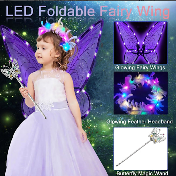 Glitterende fevinger for voksne, LED-hårbøyler og tryllestaver for karneval og temafester, libelle lilla Libelle lilla Dragonfly purple Parent
