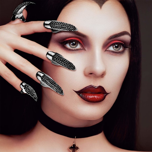 5 stk. Halloween Fingerklo Negle - Gotisk Punk Rhinestone Negle