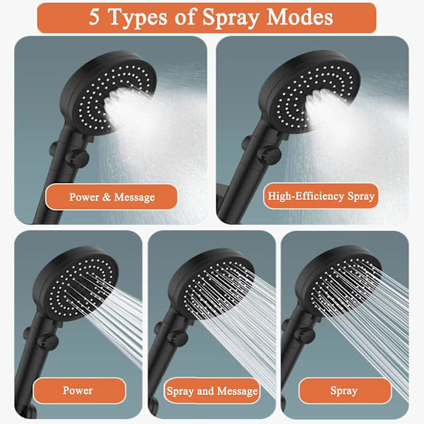 Dusjhode med filter, høytrykks spare-dusjhode, stoppknapp, 5 justerbare spraymoduser [GKS]