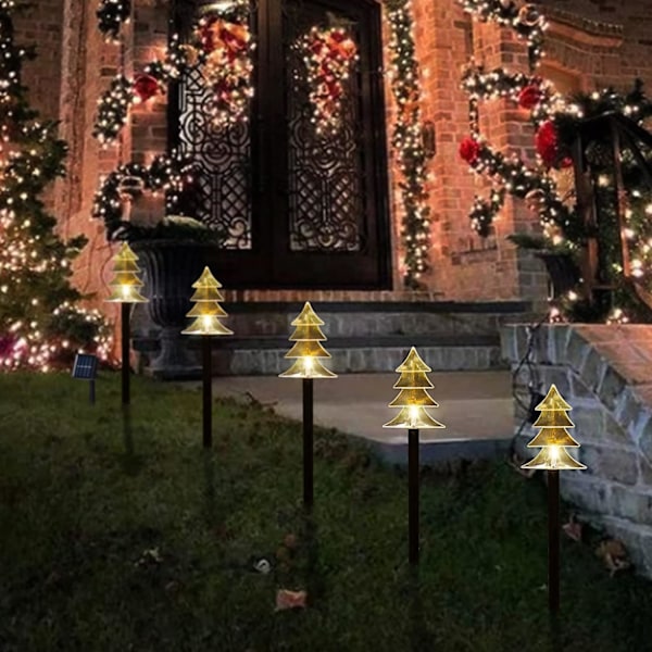 Julelys med solcelle, sett med 5 vanntette landskapsjulelys, LED-lys for hageplen terrasse gangvei dekor (5 stk - varm hvit - tre)