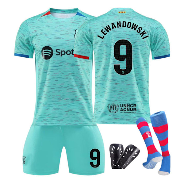 23/24 FC Barcelona Två Bortatröjor Barn Fotbollströja Set med Strumpor och Skyddsutrustning 9 LEWANDOWSKI 9 LEWANDOWSKI 9 LEWANDOWSKI children's sizes20