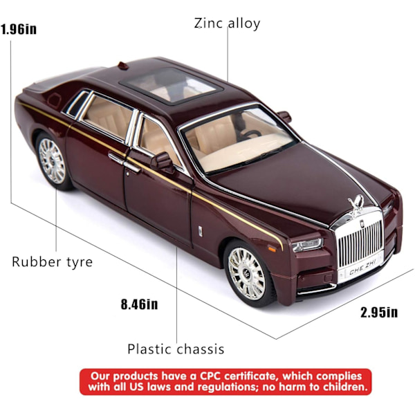 SAYTAY 1/24 Rolls-Royce Phantom Modelbil, Zink Legering Træk Tilbage Legetøjsbil med Lyd og Lys til Børn Dreng Pige Gave (Rød) ST-001