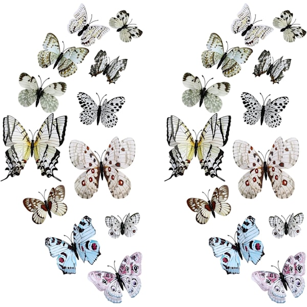 Avtakbar 3D Sommerfugl Veggdekorasjon (Dobbelt Lag - Hvit/24 Stykker) White