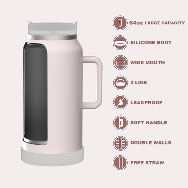 Vandflaske 64oz Tumbler med Håndtag og Strå Halv Gallon Isoleret Rustfrit 1