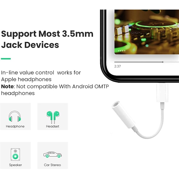 Sertifisert 2-pakning Lightning til 3,5 mm hodetelefonadapter for iPhone, iPhone Aux-adapterkonverter Dongle lydkabel Kompatibel med iPhone 14 13