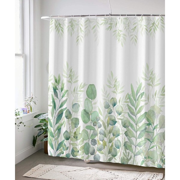 Grön och vit duschdraperi, tygduschdraperier för badrum, duschdraperiset med växtblad och 12 krokar 183 cm × 183 cm (Grön)