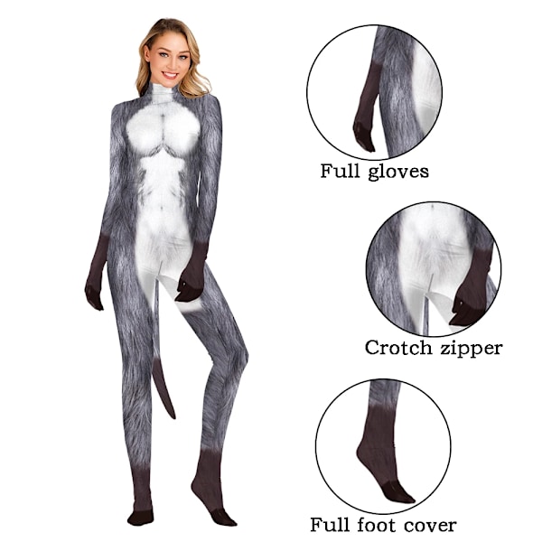 Zawaland Dyre Catsuit Par Snow Wolf Kostume med Hale Gren Lynlås Halloween Party Cosplay Outfit Forklædning Zentai Bodysuit B273-1009 B273-1009 XXL