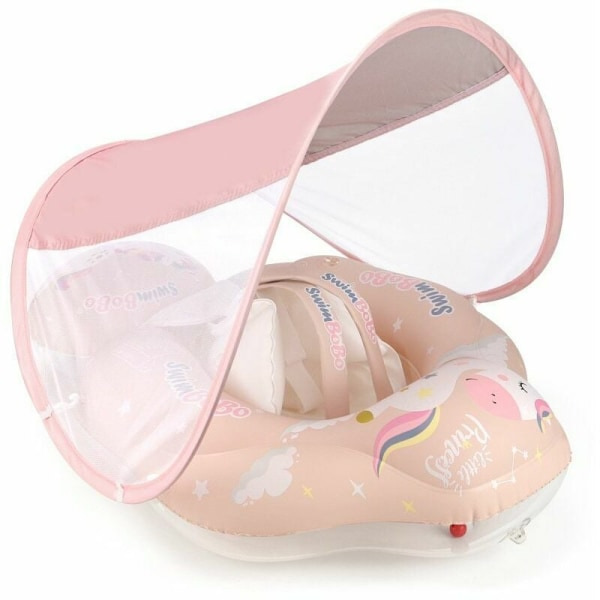 Baby Badring med Avtagbart Solskydd, Uppblåsbar Badring för Barn, 6-36 Månader (Rosa XL)