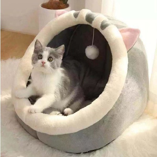 (L-48x45x40cm,Grå katt)Kattsäng Tvättbar grottmatta för liten hund plysch med avtagbar säng för katt och