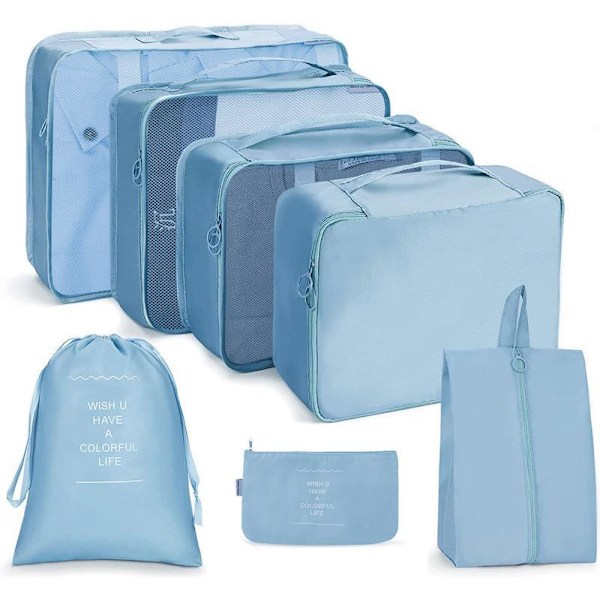 7 stk. Stor Bag Organiser Pakkekube Reiseveske Oppbevaringsveske Lake Blue