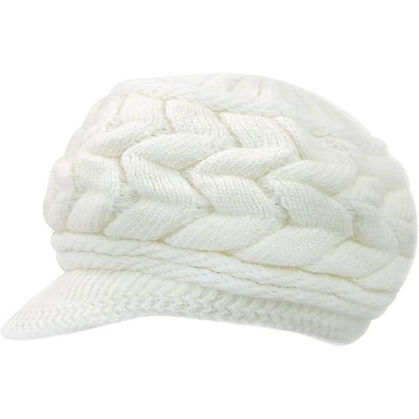 Vinterstickad mössa för kvinnor med brätte Svart Vit Grå, Elegant cap med varm fleecefodrad