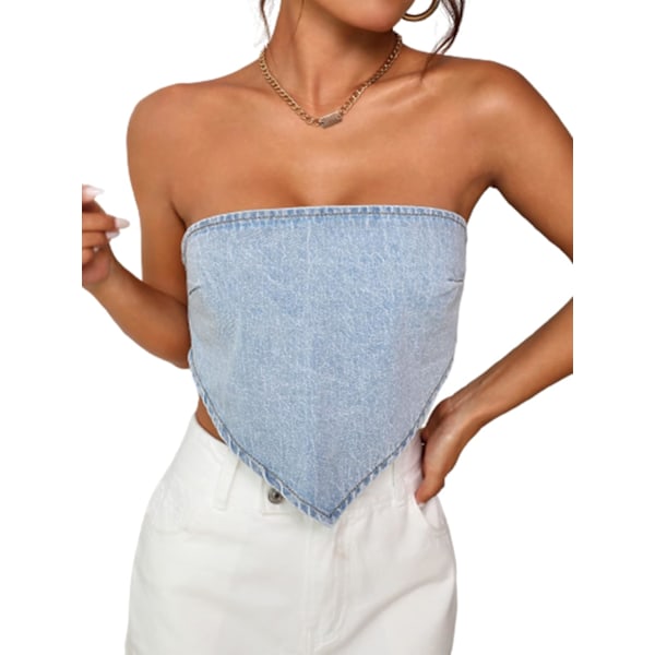 dusa Women's Tie Back Sleeveless Strapless Crop Tops Denim Tube Tops Light Wash Large