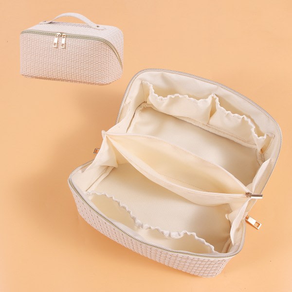 Sac de toilette pour femme en cuir PU à motiv tissé-blanc, grand