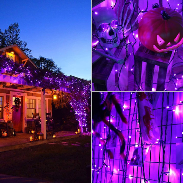 PhilzOps Halloween-dekorasjonslys, 20m 200 LED lilla oransje høstlysstrenger strøm 8 moduser Purple