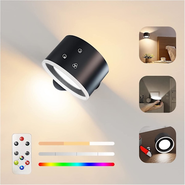 Batteridrevne Væglamper, LED Op Ned Væglampe med Touch & Fjernbetjening, 15 Rgb Atmosfære Varme Hvide Pærer, 4 Dæmpningsniveauer, 360 Graders Rotation, Opladning