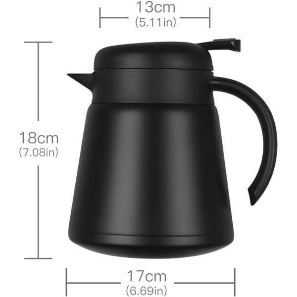 800 ml 304 18/10 Termokande i rustfrit stål/Dobbeltvægget vakuumisoleret kaffekande med trykknap, 13+ timers varm og kold opbevaring, BPA-fri