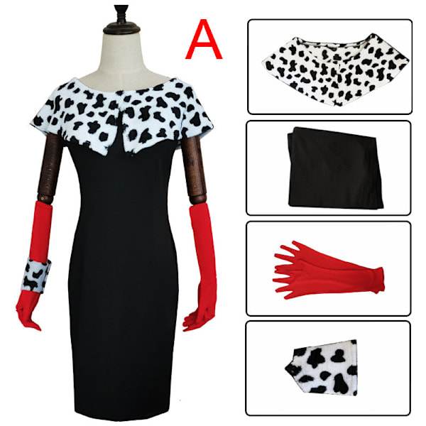 Cruella De Vil Cosplay-asu 101 Dalmatialaa - Mekko ja Viitta - Halloween- ja Karnevaaliasu Naisille ja Tytöille B B XXXL