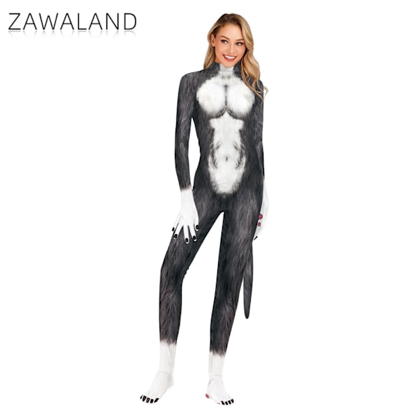 Zawaland Dyre Catsuit Par Snow Wolf Kostume med Hale Gren Lynlås Halloween Party Cosplay Outfit Forklædning Zentai Bodysuit B273-1006 B273-1006 XL