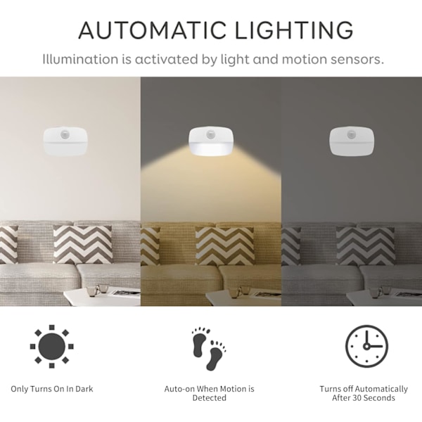 LED bevægelsessensor natlampe, [4 pak] Stick-On natlampe batteridrevet, gang, skab, køkken, varmt hvidt lys 4 stk four