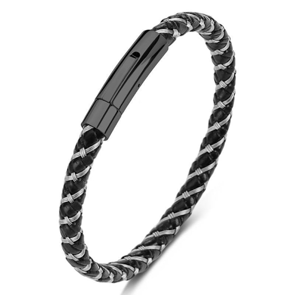Sort rustfrit stål armbånd med flettet læder og magnet Sort Black one size