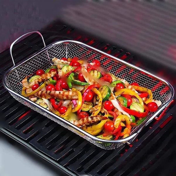 Grillkorg i rostfritt stål, multifunktionell grill, fritöskorg, grill (30 x 22 x 5 cm)