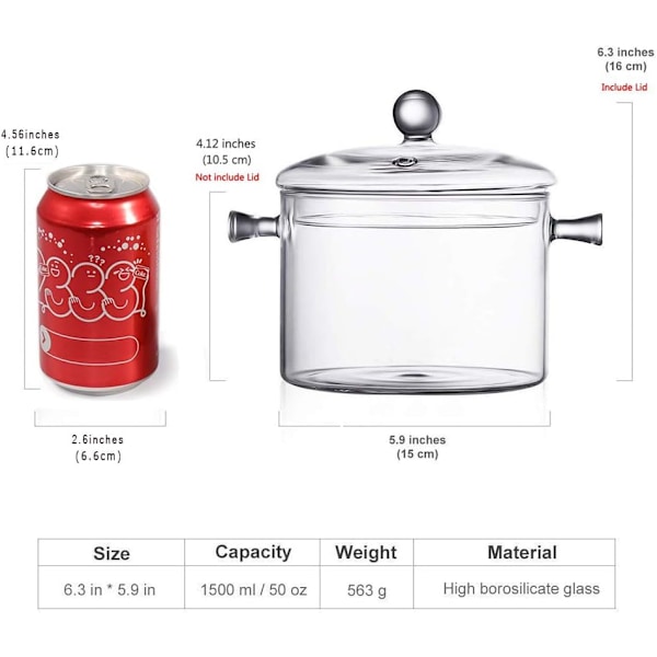 Glasgryta med lock, 1,5 L/50 FL OZ Värmebeständigt glas för spishäll